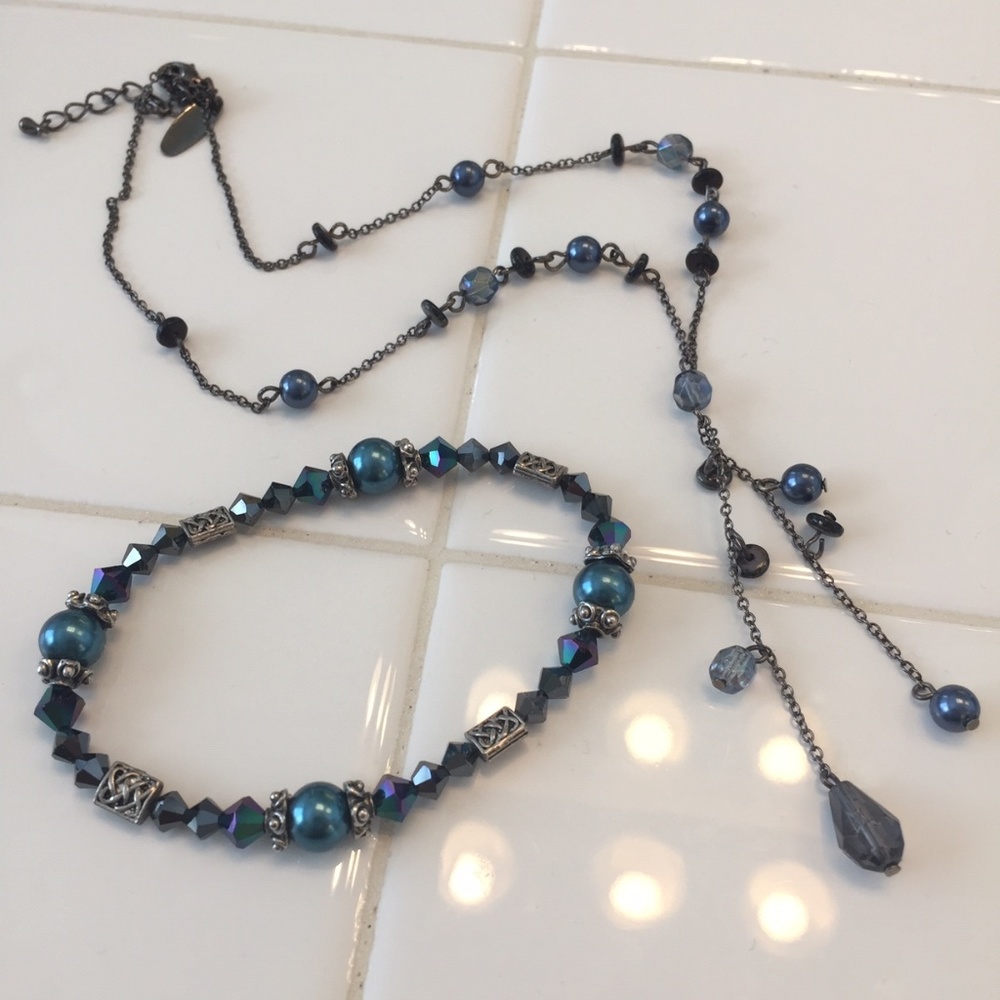 Blue Crystal & Faux Pearl Necklace/Bracelet Set